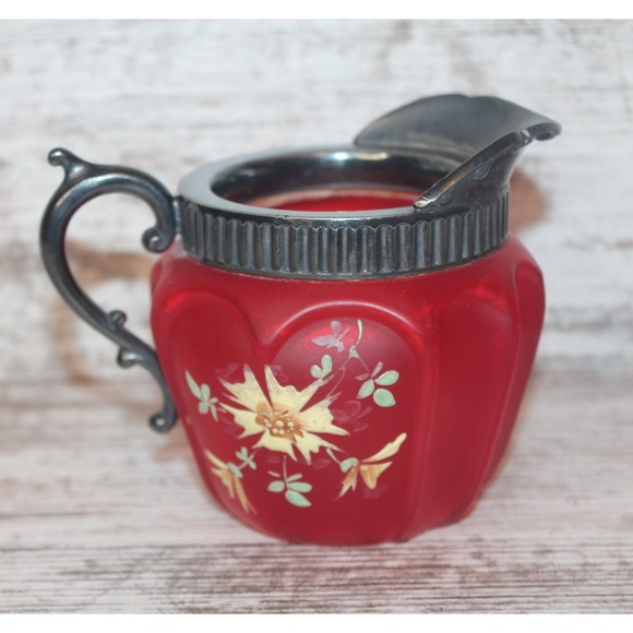 Antique Victorian Cream and Sugar Jars Pigeon Blood Glass Cranberry Red - Picture 3 of 6